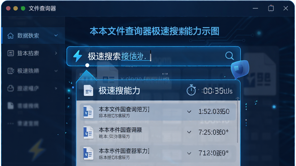 一张展示本本文件查询器极速搜索能力的示意图,主体为软件界面中央的搜索框正输入关键词,下方瞬间弹出多条文件结果,布局为上下结构,排版清晰,风格为科技蓝光效,细节包含闪电图标、计时器数字、文件类型小图标,画质高清,干净,无多余元素