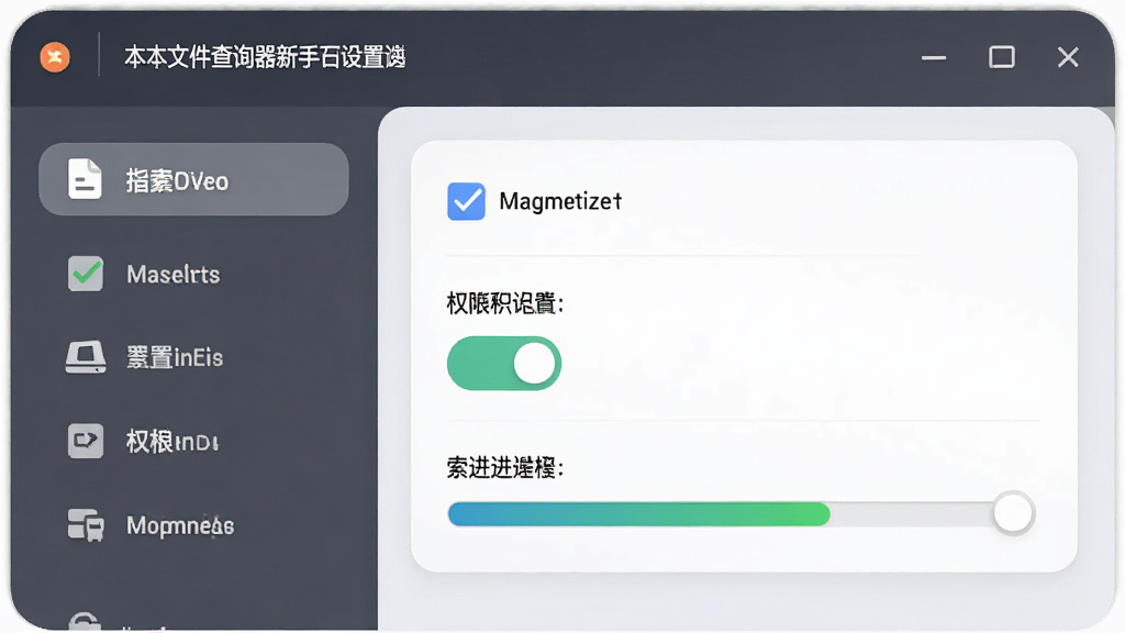 一张展示本本文件查询器新手设置界面的示意图,主体为软件设置窗口,布局为左侧菜单右侧选项,排版清晰,风格为柔和圆角风,细节包含磁盘勾选框、权限开关按钮、索引进度条,画质高清,干净,无多余元素