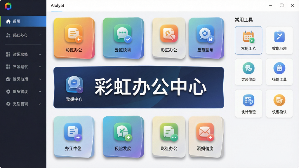 彩虹办公中心软件主界面全景展示,中央位置放置软件名称“彩虹办公中心”,主体为多个功能模块图标整齐排列的布局,排版采用左右分栏结构,左侧为功能导航菜单,右侧为常用工具快捷入口,整体风格为现代简约科技风,细节上体现图标阴影与渐变质感,画面干净整洁,画质为高清4K,无多余装饰元素