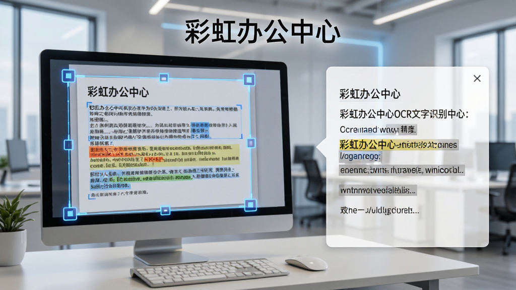 彩虹办公中心OCR文字识别功能演示画面,画面中央展示“彩虹办公中心”软件名称,主体为一张带有文字的图片被识别框选,右侧弹出识别后的文本内容,布局为左右对比结构,风格为科技感办公场景,细节上体现识别精度与文本高亮,画质为高清渲染,画面简洁干净