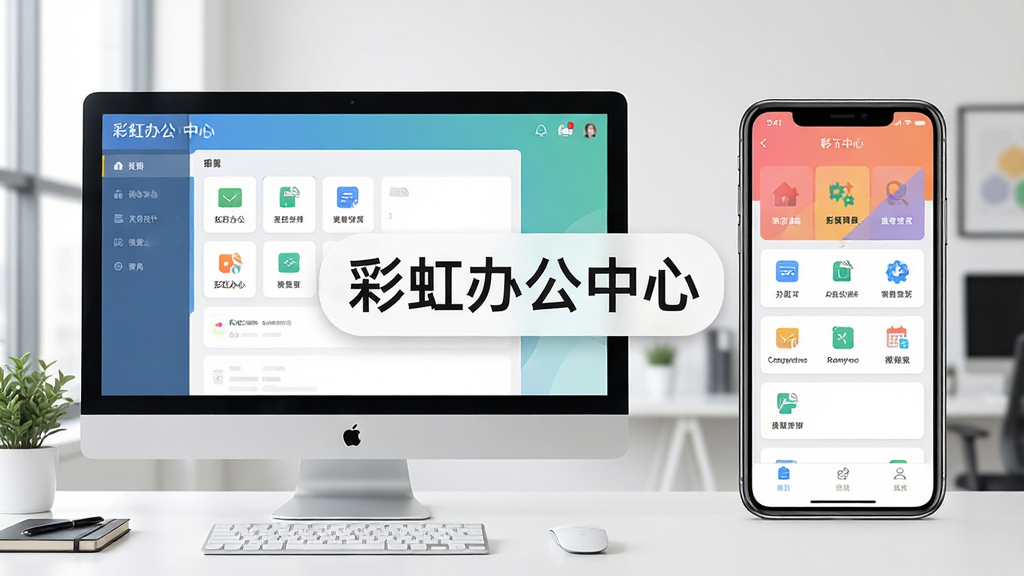 彩虹办公中心移动端与电脑端操作界面对比展示,画面中央标注“彩虹办公中心”名称,主体为左侧电脑屏幕与右侧手机屏幕并排布局,排版采用对称结构,风格为清爽办公场景,细节上体现两端界面差异与功能图标一致性,画质高清,画面干净整洁