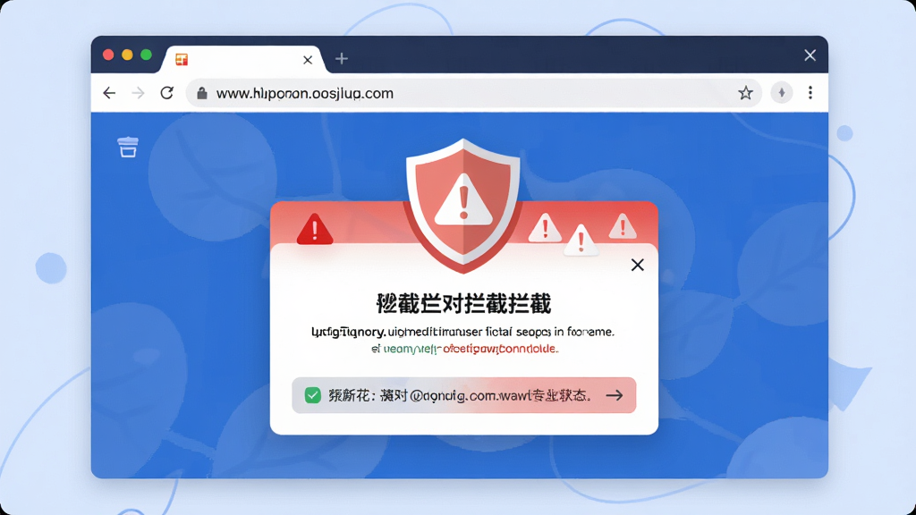 主体是太阳花浏览器界面弹出安全拦截提示框,布局为浏览器窗口居中,排版突出警告图标与文字,风格为扁平化安全主题插画,细节包括盾牌图标、红色警示色、网址栏显示拦截状态,画质高清,干净,无多余元素