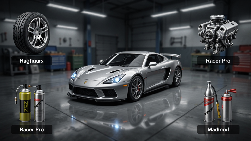 Traffic Racer Pro������װ������ͼƬ������������һ����ɫ�ܳ�ͣ�ڳ����У���Χ��������̥�����桢����ƿ������޵ȸ�װ���ͼ�꣬����Ϊ�����ֻ����棬���Ƽ������е�н�ϣ�ϸ�ڰ��������ʸС��ƹⷴ�䡢�����ǩ�����ʸ��塢�ɾ����޶���Ԫ�ء�