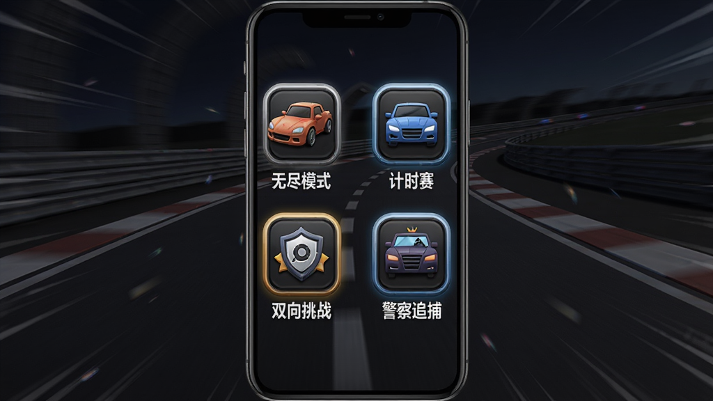 Traffic Racer Pro����ģʽѡ�������ͼƬ����������ɫ����Ϊ�����������������ĸ�ģʽͼ��ֱ�����޾�ģʽ����ʱ����˫����ս�뾯��׷����ÿ��ͼ���·��м�����ֱ�ǩ������Ϊ�����ֻ���Ļ������ྺ�٣�ϸ�ڰ���ͼ������С������ٶ��ߡ�ѡ�и���Ч�������ʸ��塢�ɾ����޶���Ԫ�ء�