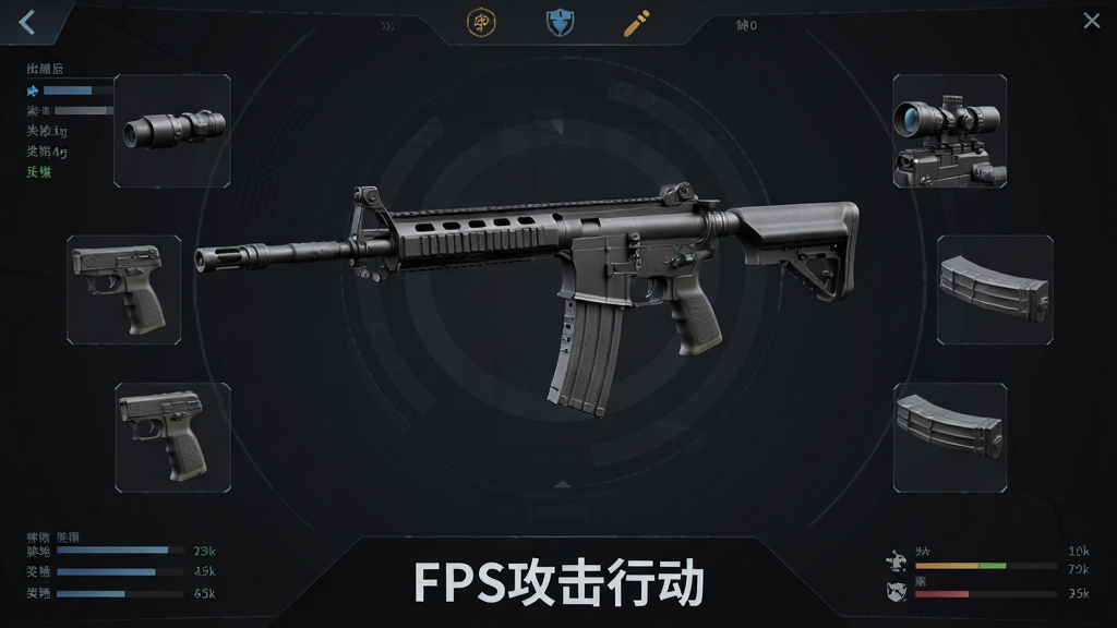一张展示武器改装系统的界面截图风格图片,画面主体为一把突击步枪的3D模型悬浮在中央,周围环绕着枪口、握把、弹匣、瞄准镜等配件图标,底部显示“FPS攻击行动”的武器改装界面文字,布局采用环绕式排版,风格为科技感暗色系UI,细节包含参数条和属性图标,画质清晰,干净无杂物