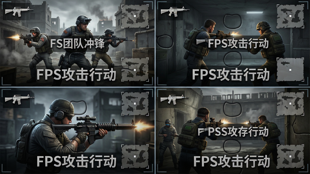 一张展示多种游戏模式的宣传图,画面主体为四个不同战斗场景的方形拼图,分别展示团队冲锋、拆弹爆破、单人狙击和生存防守的画面,每个场景中都有“FPS攻击行动”的模式名称文字标签,布局采用四宫格排版,风格为现代游戏UI风格,细节包含武器图标和地图剪影,画质高清,干净整洁,无多余元素