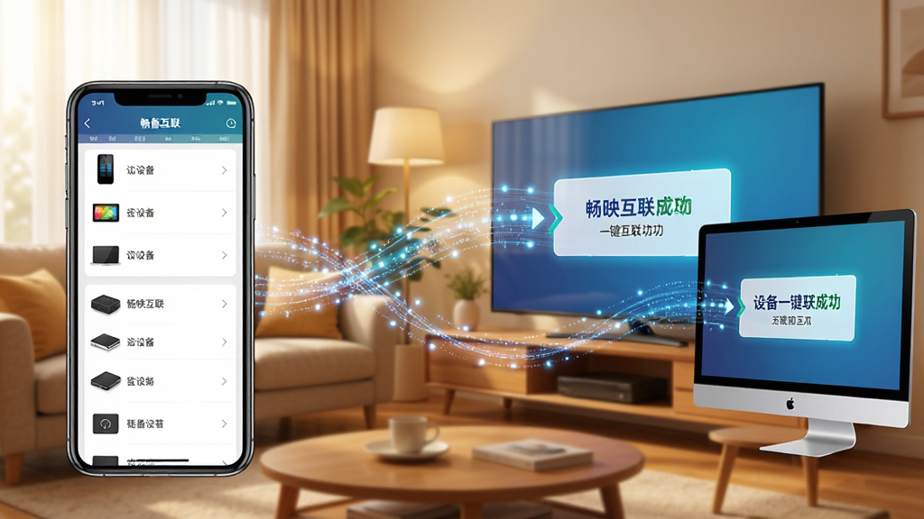 畅映互联多设备一键互联功能展示,画面左侧是手机屏幕显示设备列表,右侧是电视和电脑屏幕同时亮起连接成功的提示,背景为温馨客厅场景,风格为写实科技插画,细节包括设备间流动的数据光点,画质清晰明亮,干净无杂乱元素