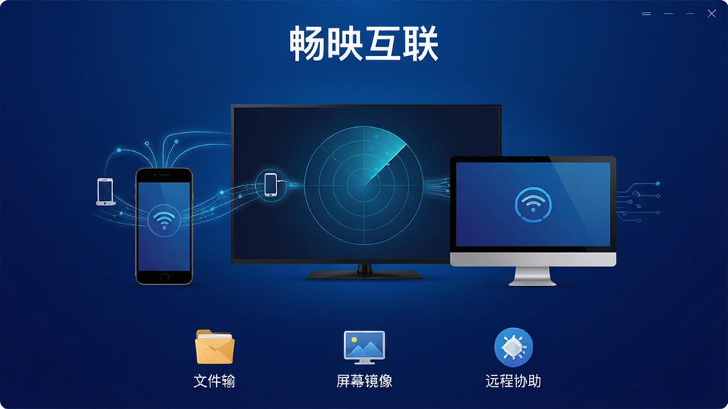 畅映互联软件主界面全景展示,画面中央是手机与电视、电脑三屏互联的示意图,界面采用深蓝色渐变背景,顶部有“畅映互联”文字标识,中部为设备搜索雷达动画,底部排列文件传输、屏幕镜像、远程协助功能图标,整体布局居中对称,风格为现代科技感扁平化设计,细节包括设备图标间的光线连接线条,画质为高清渲染,干净无多余元素