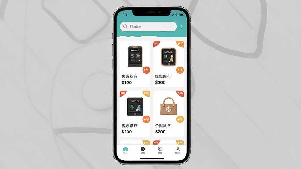 特惠采采软件主界面预览图,主体为手机屏幕展示优惠商品列表,布局为上下结构顶部搜索栏中部商品卡片底部导航栏,排版整齐清晰,风格为现代简约扁平化设计,细节包含商品图片价格标签折扣角标,画质高清干净无多余元素