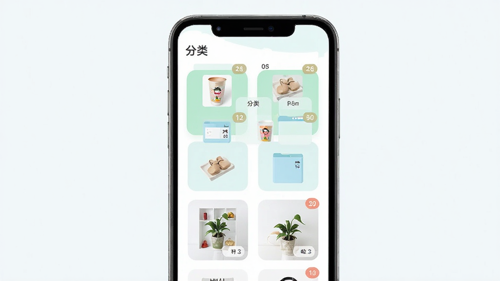 特惠采采分类管理界面预览图,主体为手机屏幕展示分类文件夹与商品缩略图,布局为网格状排列,排版规整,风格为清新浅色扁平设计,细节包含分类标签商品小图数量角标,画质高清干净无多余元素