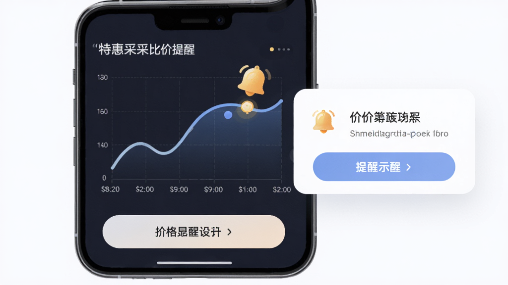 特惠采采比价提醒功能示意图,主体为手机屏幕展示价格曲线图与提醒弹窗,布局为上下结构上部图表下部按钮,排版清晰,风格为柔和圆角商务风,细节包含价格折线时间轴铃铛图标,画质高清干净无多余元素