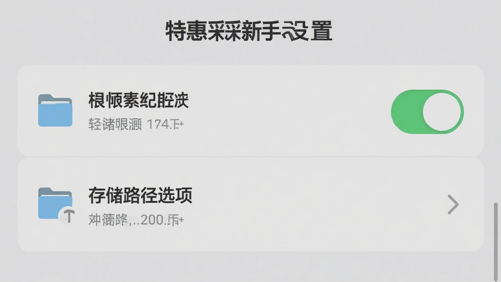 特惠采采新手设置界面截图,主体为手机屏幕展示权限开关与存储路径选项,布局为列表式,排版清晰,风格为浅灰质感扁平设计,细节包含开关按钮文件夹图标提示文字,画质高清干净无多余元素