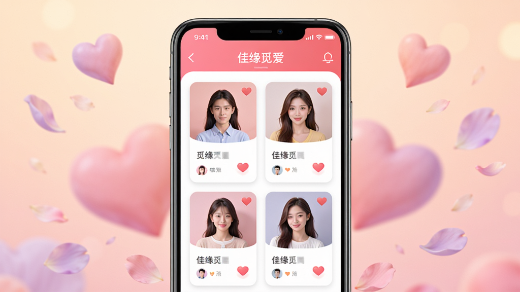 画面中央是一部智能手机,屏幕上显示“佳缘觅爱”应用的主界面,界面中有多张用户头像卡片和心形图标,手机两侧环绕着粉色与淡紫色的爱心和花瓣装饰,背景为柔和的渐变暖色调,整体布局居中对称,风格温馨浪漫,细节清晰,画质干净,无多余元素