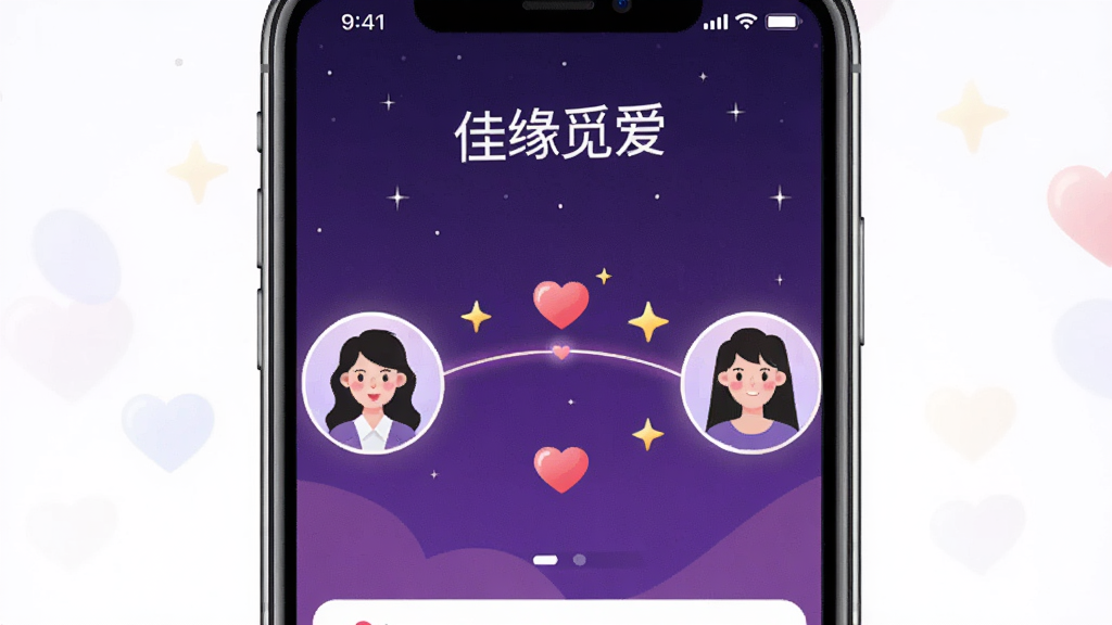 画面中央是一部手机,屏幕上显示“佳缘觅爱”的智能匹配界面,两个用户头像之间用发光的线条连接,线条上漂浮着心形和星星图标,背景为深紫色星空渐变,布局居中,风格科技感与浪漫感结合,细节清晰,画质干净,无多余元素