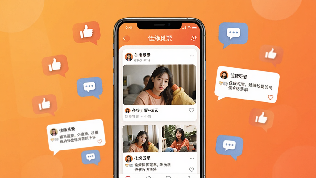画面中央是一部手机,屏幕上显示“佳缘觅爱”的动态广场页面,页面中有多张用户生活照片和文字动态卡片,手机周围漂浮着点赞手势和评论气泡图标,背景为暖橙色渐变,布局居中,风格生活化且温暖,细节清晰,画质干净,无多余元素