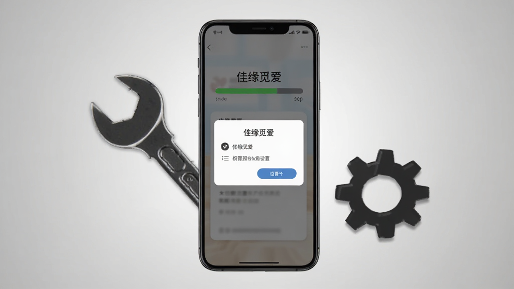 画面中央展示一部智能手机,屏幕上显示“佳缘觅爱”的安装进度条和权限设置弹窗,手机旁边放置一把扳手和齿轮图标,背景为浅灰色渐变,布局简洁,风格实用教程感,细节清晰,画质干净,无多余元素