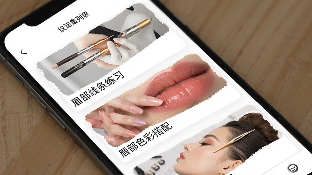 一诺集APP课程列表页面,手机屏幕显示多个纹绣课程封面,包括眉部线条练习、唇部色彩搭配等,页面布局为纵向列表,每个课程卡片带有缩略图和标题,背景为白色,风格简洁明快,画质清晰,无杂乱元素