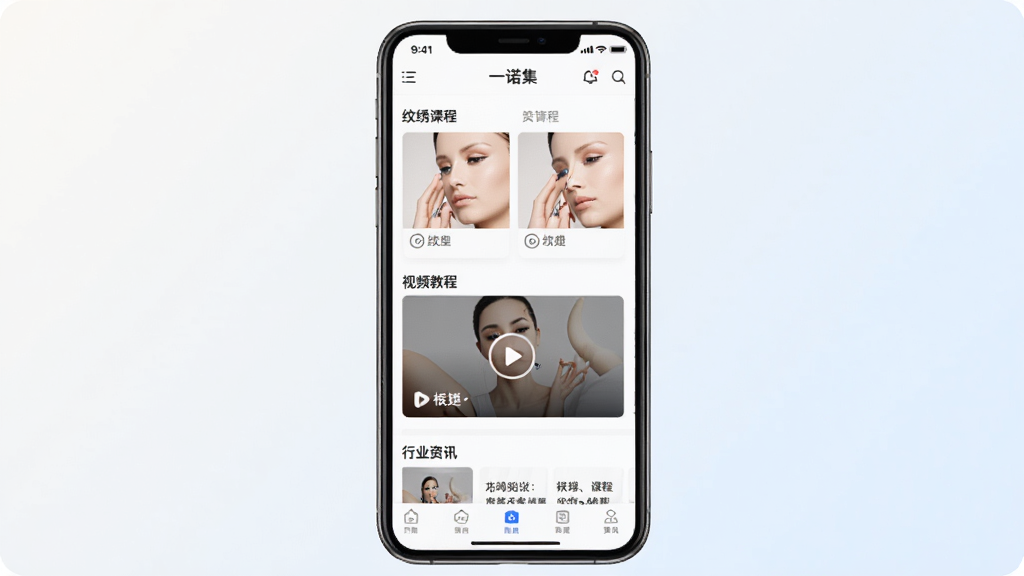 一诺集手机应用主界面展示,画面中央是一部智能手机,屏幕上显示一诺集APP的首页,包含纹绣课程分类、视频教程入口和行业资讯模块,背景为简洁的浅色渐变,整体风格清新专业,排版整齐有序,细节清晰,画质干净,无多余元素