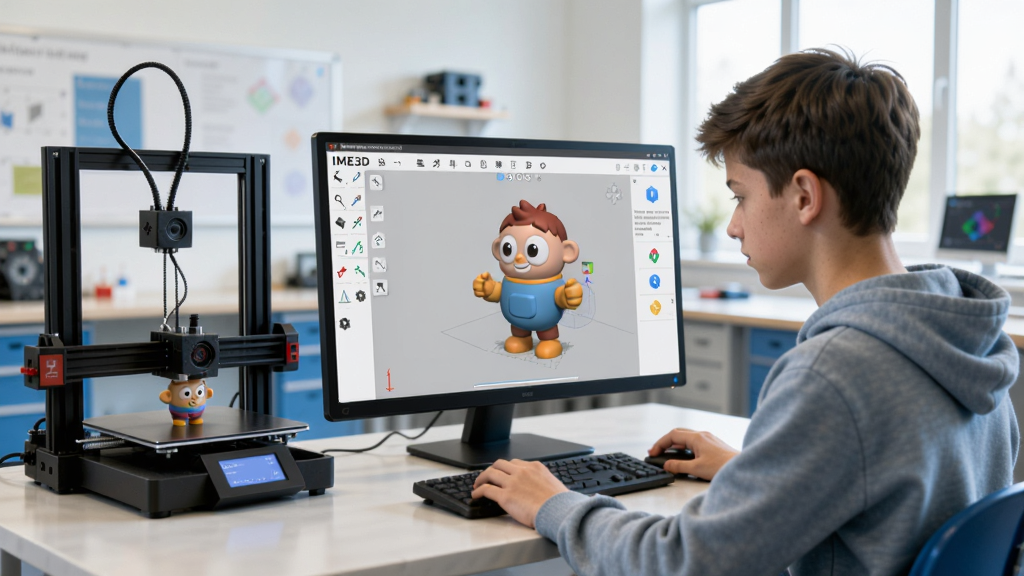 一张展示IME3D青少年3D打印创新教育平台主界面的图片,画面中央是软件操作界面,左侧显示三维建模工具栏,右侧是3D模型预览区域,一个青少年正在电脑前专注设计一个卡通造型的3D模型,桌上摆放着一台正在工作的3D打印机,背景是明亮整洁的创客教室环境,风格为写实科技教育风,细节丰富,画质清晰干净,无多余元素