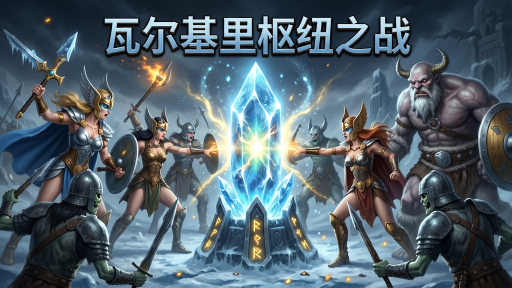 一幅以北欧神话末日战场为主题的数字插画,画面中央是发光的瓦尔基里枢纽能量水晶,四周分布着女武神英雄、霜巨人和亡灵士兵,主体为枢纽水晶与对战场景,布局采用中心对称构图,排版上方为游戏标题文字“瓦尔基里枢纽之战”,风格为北欧奇幻写实风,细节包含冰霜粒子、金色符文、盔甲纹理,画质高清,干净,无多余元素
