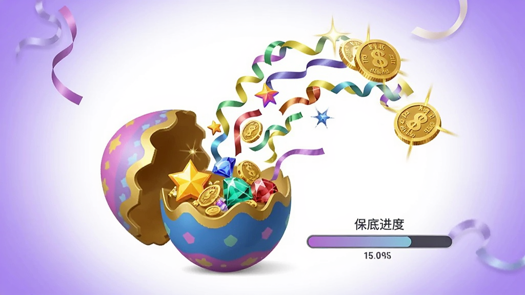 画面描绘一个打开一半的彩蛋,里面迸发出金币、宝石、星星和彩色纸带,金币呈抛物线飞溅到空中,彩蛋旁边有一个进度条显示“保底进度”,背景是柔和的紫色光晕,布局以彩蛋为视觉中心,四周留白,风格为写实卡通混合风格,细节包括金币上的文字纹理、宝石的折射光芒、纸带的飘动弧度,画质高清干净,画面中不出现任何文字,无杂乱元素