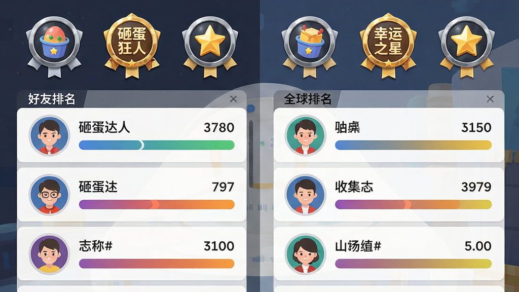 画面呈现一个排行榜界面,左侧是好友排名列表,右侧是全球排名列表,每个条目包含玩家头像、昵称和分数,顶部有三个成就徽章图标,分别是“砸蛋达人”“收集狂人”“幸运之星”,布局为左右分栏,风格为现代扁平化设计,细节包括头像的圆形边框、分数条的颜色渐变、徽章的金属质感,画质高清干净,画面中不出现任何文字,无多余装饰