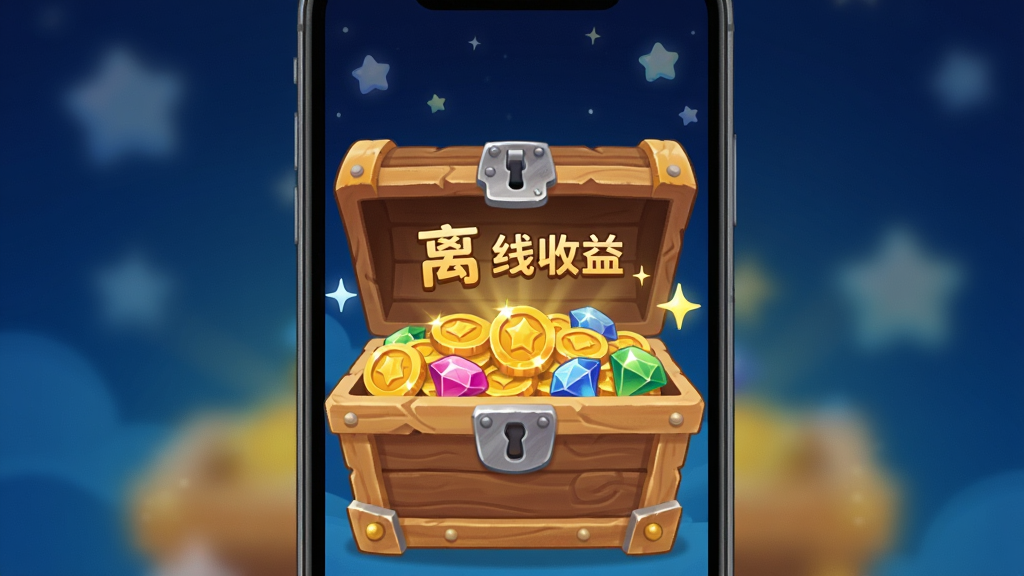 画面展示一个手机屏幕熄灭后再次亮起的场景,屏幕上弹出一个木质宝箱,宝箱盖子打开,里面堆满金币和宝石,上方显示“离线收益”字样,背景是深蓝色的夜空和星星,布局为手机居中,宝箱占据屏幕下半部分,风格为卡通渲染,细节包括宝箱的木纹、金属锁扣、金币的光泽、星星的闪烁效果,画质清晰干净,画面中不出现任何文字,无多余元素