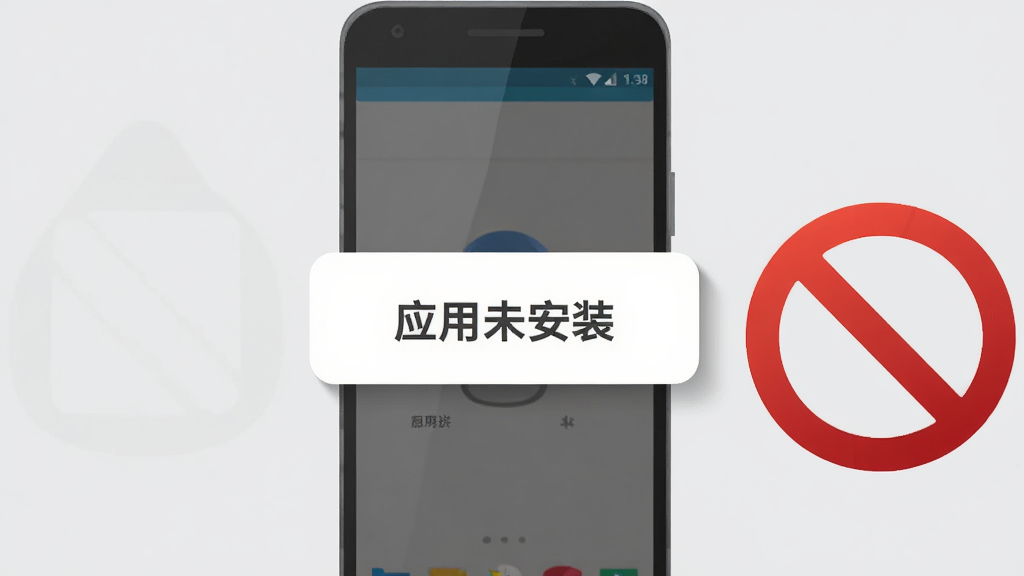 画面展示一部安卓手机屏幕出现错误提示弹窗,弹窗内容为“应用未安装”,手机旁边有一个红色禁止图标,背景是浅灰色,布局为手机居中,弹窗占据屏幕中央,风格为扁平化警示插画,细节包括弹窗的圆角、阴影、禁止图标的红色渐变,画质清晰干净,画面中不出现任何文字,无多余元素