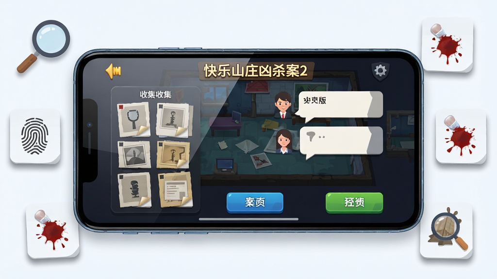 一张展示手机游戏界面的截图风格插画,画面中央是一部横向放置的智能手机,屏幕内显示快乐山庄凶杀案2中文版的探案现场界面,包含线索收集栏、人物对话气泡和场景勘查按钮,手机周围漂浮着放大镜、指纹、血迹样本等侦探元素图标,布局采用居中展示、四周环绕装饰元素,风格为现代扁平化科技感,细节包括屏幕反光、按钮高光、线索卡片阴影,画质清晰、干净、无多余元素