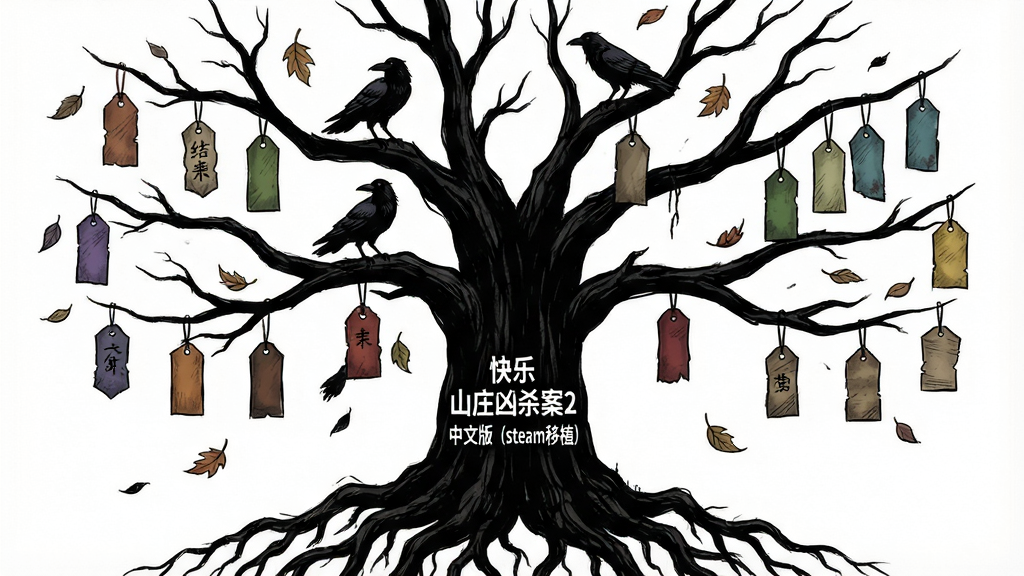 一张表现游戏多结局分支的树状图插画,画面主体是一棵从底部树干向上分叉出多条枝干的黑色枯树,每条枝干末端挂着不同颜色的结局标签,树干底部用白色字体写着“快乐山庄凶杀案2中文版(steam移植)”,布局采用垂直生长式构图、树干居中、枝干向两侧展开,风格为暗黑哥特式手绘,细节包括树枝上的乌鸦、飘落的枯叶、底部盘根错节的根系,画质高清、干净、无多余元素