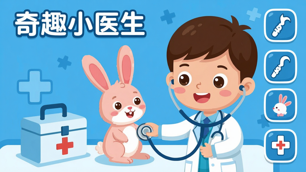 一幅儿童卡通风格的游戏界面截图,画面展示一位卡通小医生正在用听诊器为一只小兔子检查身体,旁边有药箱和医疗工具图标,布局清晰,风格为扁平化卡通设计,色彩以蓝色和白色为主,细节精致,画质高清,画面中带有“奇趣小医生”文字,干净无杂乱元素