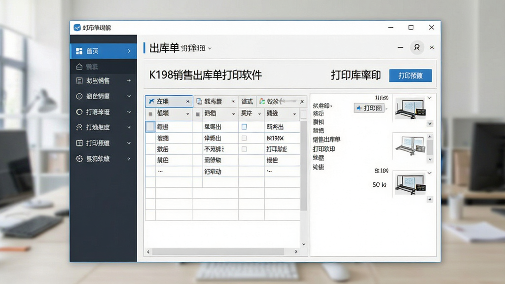 一张展示K198销售出库单打印软件运行界面的全景图,主体为软件主窗口,布局分为左侧功能导航栏与右侧出库单编辑区,排版整齐,风格为现代商务简约风,细节包括表格线条清晰、打印预览按钮醒目、单据模板带有“K198销售出库单打印软件”字样,画质清晰,干净,无多余元素