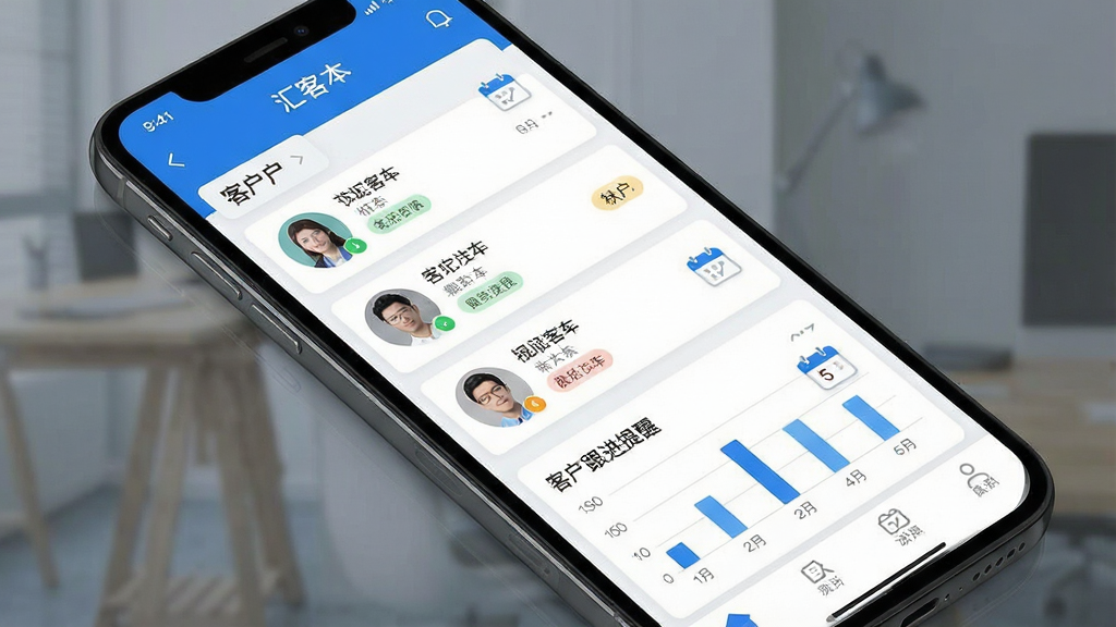 一张展示移动端客户管理应用界面的概念图。主体为一部智能手机,屏幕内显示“汇客本”应用的主界面,包含客户列表、跟进提醒和统计图表。布局采用居中构图,手机略微倾斜。排版清晰,界面元素整齐排列。风格为现代扁平化科技风,色调以蓝色和白色为主。细节上突出客户头像、状态标签和日历图标。画质高清,画面干净,无多余元素。