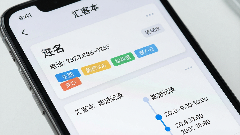 一张展示“汇客本”客户档案管理界面的图片。主体为手机屏幕特写,屏幕内显示详细的客户信息卡片,包含姓名、电话、标签和跟进记录时间线。布局为居中特写。排版信息层级分明。风格简洁商务,色调以浅灰和蓝色点缀。细节上突出标签彩色小方块和时间线节点。画质清晰,画面干净,无多余元素。