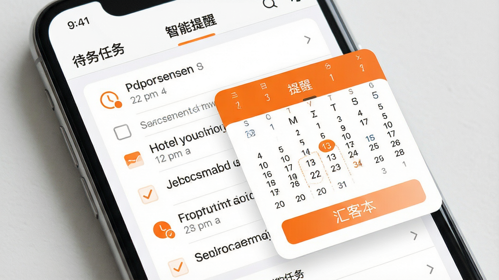 一张展示“汇客本”智能提醒功能的图片。主体为手机屏幕,显示待办任务列表和日历提醒弹窗。布局为手机正面展示。排版上任务列表清晰,弹窗突出。风格现代简约,色调以白色和橙色强调色为主。细节上突出时间图标和复选框。画质高清,画面干净,无多余元素。