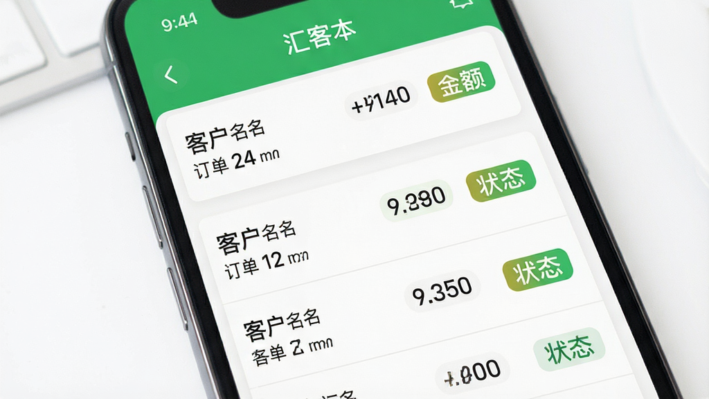 一张展示“汇客本”订单记录界面的图片。主体为手机屏幕,显示订单列表,每笔订单包含客户名、金额和状态标签。布局为手机正面。排版列表整齐。风格清新简洁,色调以白色和绿色为主。细节上突出状态标签的颜色区分。画质清晰,画面干净,无多余元素。