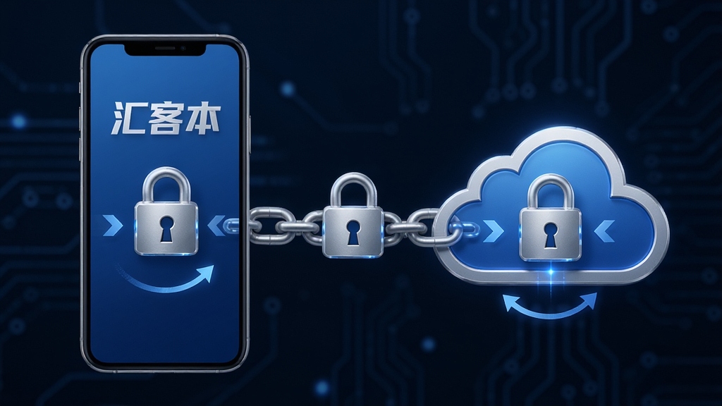 一张展示“汇客本”数据安全与同步的图片。主体为手机和云朵图标,云朵与手机之间有加密锁链连接。布局为左右对称构图。排版简洁明了。风格科技安全风,色调以蓝色和银色为主。细节上突出锁形图标和同步箭头。画质高清,画面干净,无多余元素。