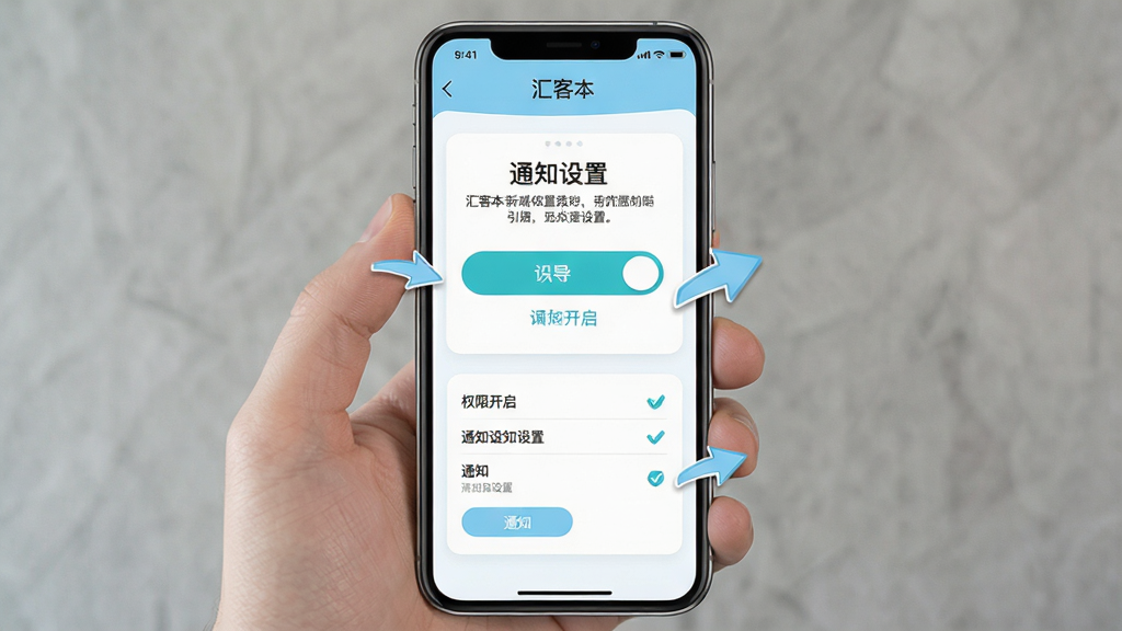 一张展示“汇客本”新手设置引导页的图片。主体为手机屏幕,显示权限开启引导和通知设置界面。布局为手机正面。排版上突出开关按钮和说明文字。风格简洁友好,色调以白色和浅蓝色为主。细节上突出箭头指引和勾选图标。画质高清,画面干净,无多余元素。