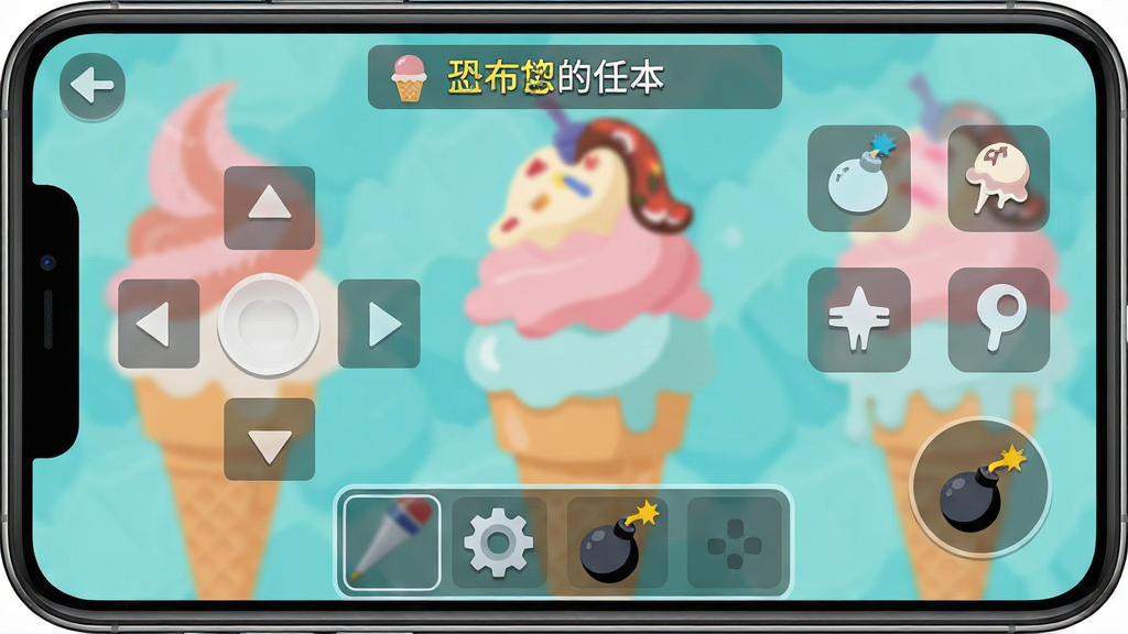 双胞胎恐怖冰淇淋材质手机游戏操作界面截图,主体是虚拟摇杆与道具栏在屏幕上的布局,布局采用横屏显示,排版上左侧为方向控制区,右侧为互动按钮区,风格为扁平化UI设计,细节包括半透明的按钮图标、底部道具栏中的齿轮与炸弹图标、顶部显示的任务提示文字,画质高清,干净,无多余元素