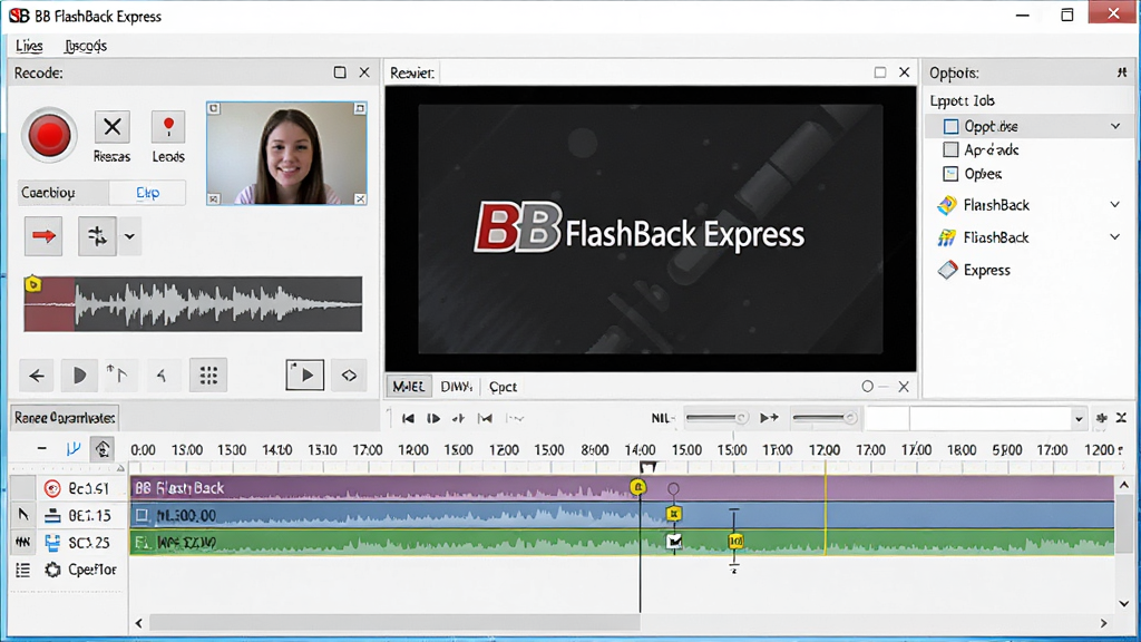 一张 BB FlashBack Express 软件主界面全景展示图,主体为软件录制控制面板与视频编辑时间轴,布局为左侧录制参数设置区、中部实时预览窗口、右侧导出选项栏,排版清晰整齐,风格为现代简约科技风,细节包含红色录制按钮、音频波形条、摄像头画中画小窗、时间轴轨道与关键帧标记,画面中带有“BB FlashBack Express”文字标识,画质高清,干净,无多余元素