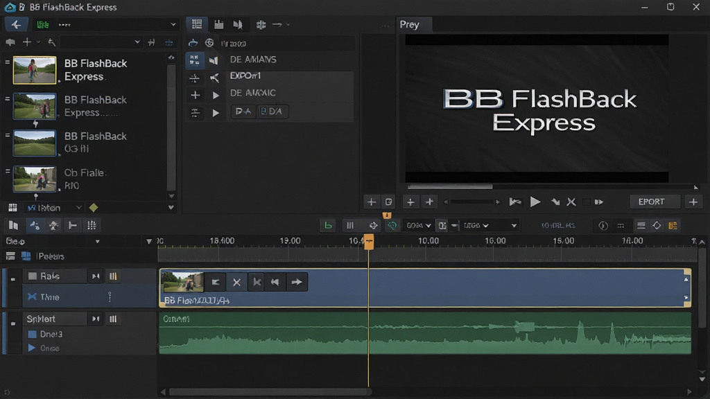 一张 BB FlashBack Express 视频编辑时间轴操作界面图,主体为多轨道时间轴与预览窗口,布局为上方预览区、下方视频轨与音频轨、左侧素材库,排版层次分明,风格为深色专业剪辑风,细节包含剪辑点标记、转场图标、文字标题图层、导出按钮,画面中带有“BB FlashBack Express”文字标识,画质高清,干净,无多余元素