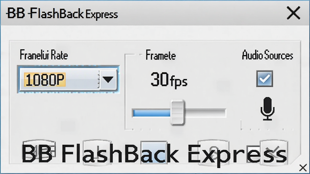 一张 BB FlashBack Express 录制参数设置面板特写图,主体为帧率与画质选择区域,布局为左侧分辨率下拉菜单、中部帧率滑块、右侧音频源勾选框,排版紧凑有序,风格为浅灰质感工具风,细节包含 1080P 高亮标识、30fps 数值、系统声音与麦克风图标,画面中带有“BB FlashBack Express”文字标识,画质高清,干净,无多余元素