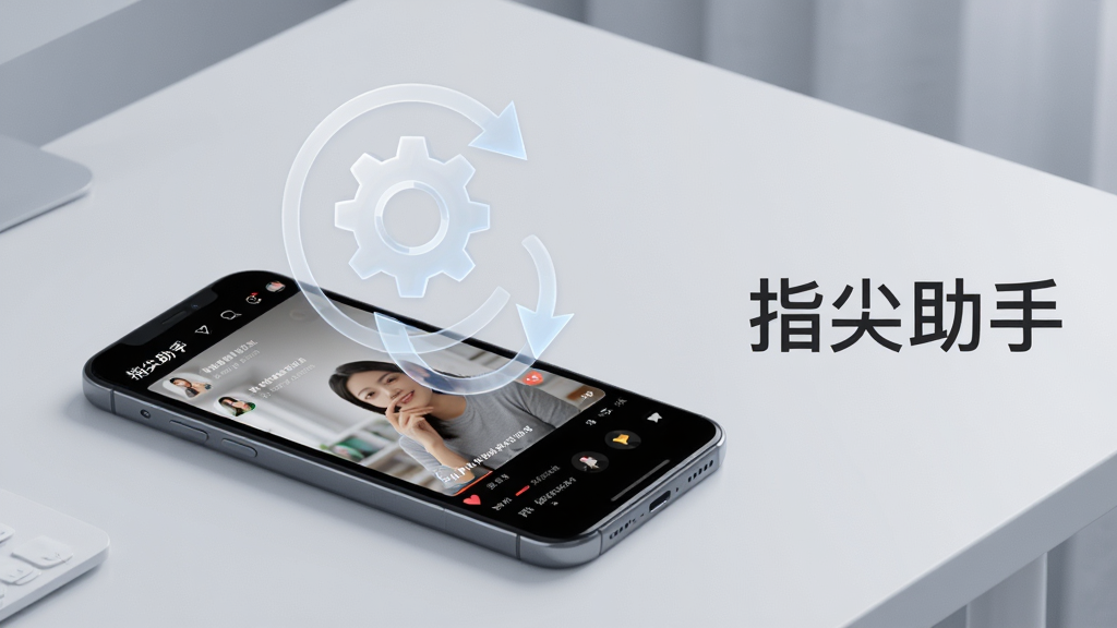一张展示“指尖助手”自动刷视频功能的示意图,画面主体是一部手机横放在桌面上,屏幕显示短视频播放界面,手机上方有一个半透明的齿轮图标和循环箭头,表示自动运行,背景为浅灰色桌面,画面右侧有“指尖助手”文字标识,布局简洁,风格科技感,细节清晰,画质干净,无多余元素