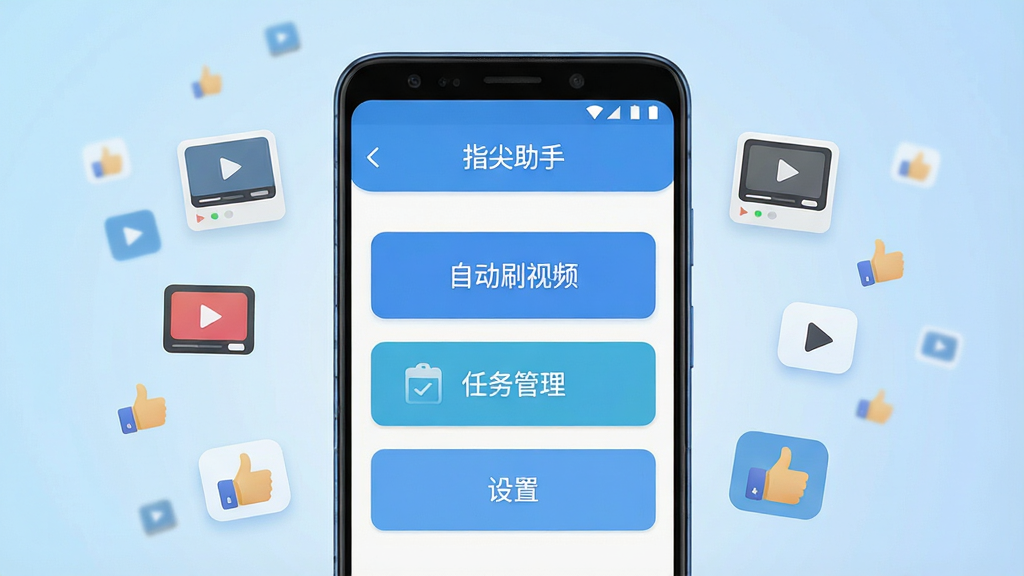 一张展示“指尖助手”手机应用主界面的图片,画面中央是一部竖屏安卓手机,屏幕内显示“指尖助手”App的首页,界面包含“自动刷视频”“任务管理”“设置”等按钮,背景为浅蓝色渐变,手机周围漂浮着视频播放图标和点赞手势的小图标,整体布局居中对称,风格清新简洁,细节清晰,画质干净,无多余元素
