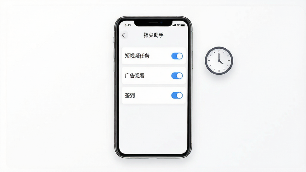 一张展示“指尖助手”任务管理面板的图片,画面中央是一部手机,屏幕显示任务列表界面,列表项包含“短视频任务”“广告观看”“签到”等条目,每个条目右侧有开关按钮,手机旁边有一个悬浮的时钟图标,背景为白色,风格简约商务,布局整齐,细节清晰,画质干净,无多余元素