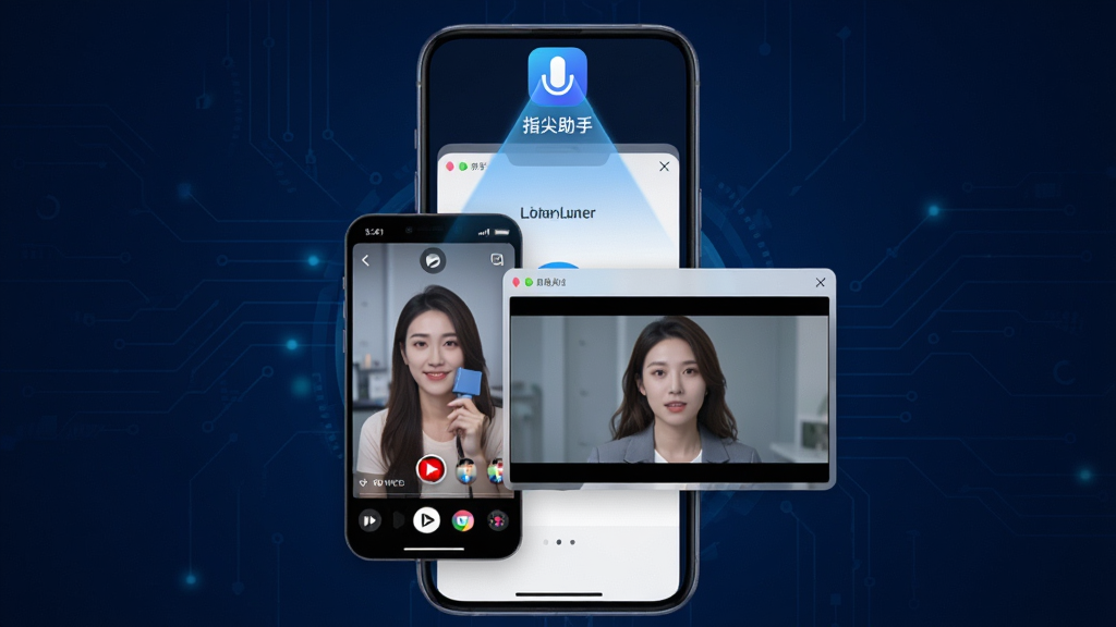 一张展示“指尖助手”智能识别功能的示意图,画面中一部手机屏幕显示两个重叠的应用窗口,一个是竖屏短视频,一个是横屏视频,手机上方有一个扫描光束从“指尖助手”图标射出,背景为深蓝色科技背景,布局居中,风格现代,细节清晰,画质干净,无多余元素