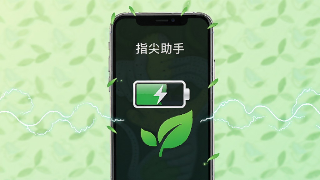 一张展示“指尖助手”低功耗运行的示意图,画面主体是一部手机,屏幕显示电池图标和绿色叶子标志,手机周围有微弱的电流线条表示低功耗,背景为浅绿色渐变,布局简洁,风格环保清新,细节清晰,画质干净,无多余元素