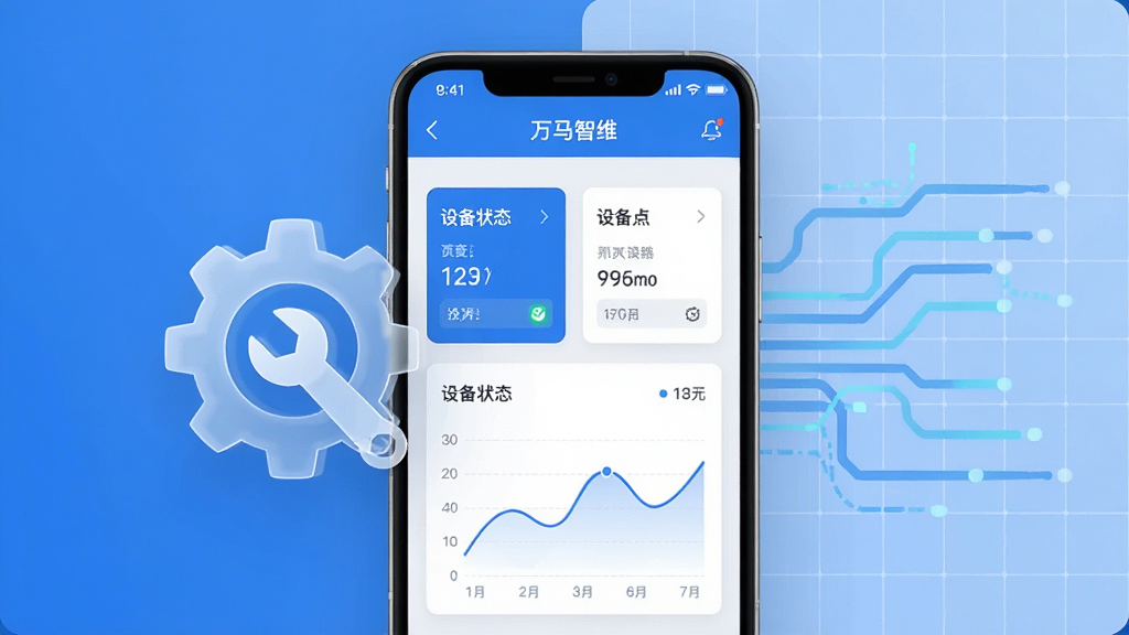 画面中央展示一部智能手机,屏幕上显示“万马智维”APP的仪表盘界面,包含设备状态卡片和折线图。手机左侧悬浮一个半透明的齿轮与扳手组合图标,右侧背景为浅蓝色网格与数据流线条。整体采用扁平化科技风格,色调以蓝白灰为主,画面干净整洁,无多余文字,4K画质。