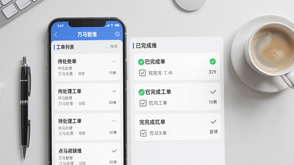 画面展示“万马智维”APP的工单列表界面,左侧为待处理工单卡片,右侧为已完成工单打勾标记。背景为浅灰色办公桌面,桌面上放有一支笔和一杯咖啡,风格简约商务,画面干净,无多余元素,2K画质。