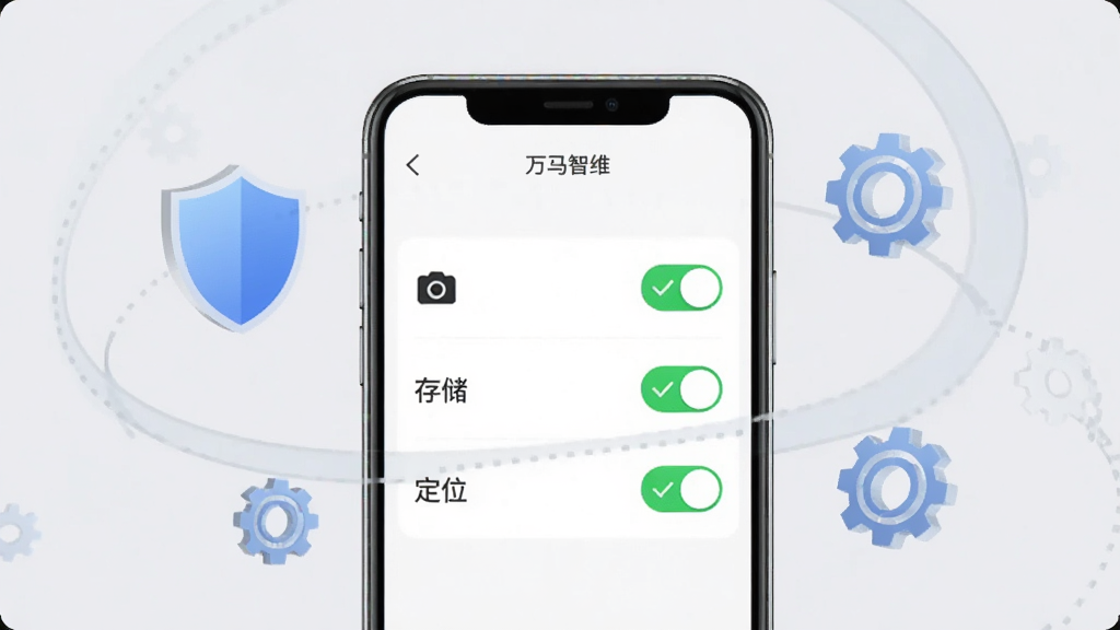 手机屏幕显示“万马智维”APP的权限设置页面,相机、存储、定位三个权限开关均被打开并显示绿色对勾。手机周围有盾牌和齿轮图标环绕,背景为浅灰色,风格简洁明了,画面干净,无多余文字,2K画质。